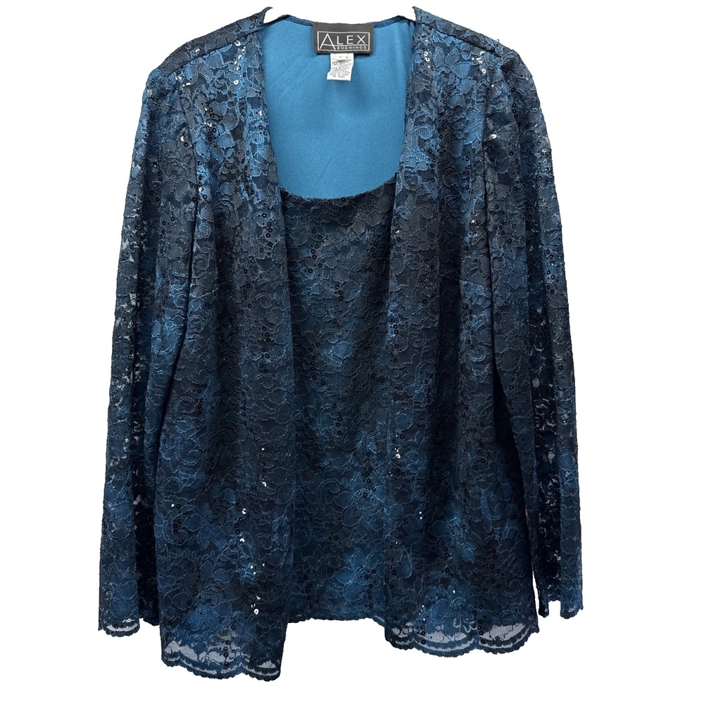 Alex Evenings Womens Top Size Large Blue Lace Sequins Two Piece Attached Stretch